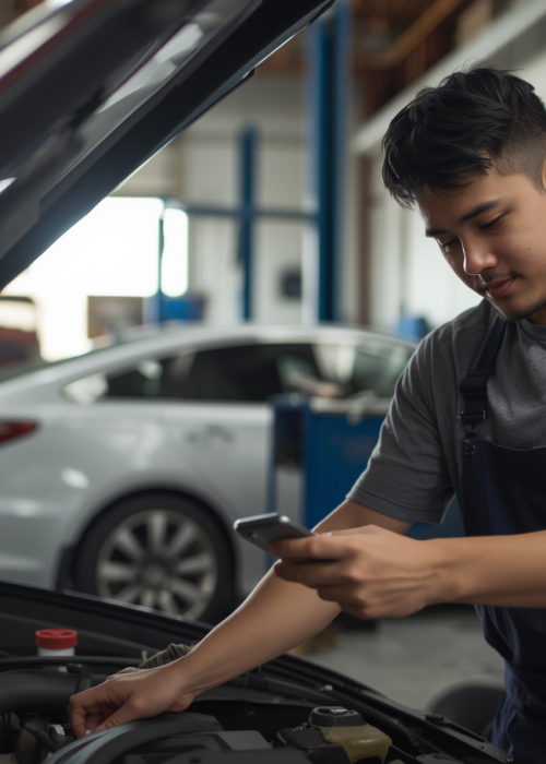 Auto mechanic working on vehicle using mobile phone